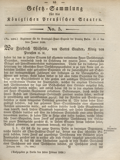 Gesetz-Sammlung Für Die Königlichen Preußischen Staaten. 1836, No. 5 ...